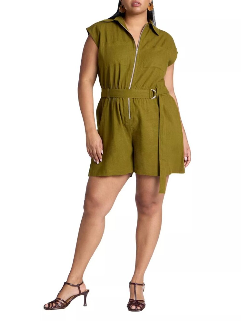 NWT ELOQUII Elements Dolman Sleeve Belted Linen Shorts Romper Green Pockets, 16